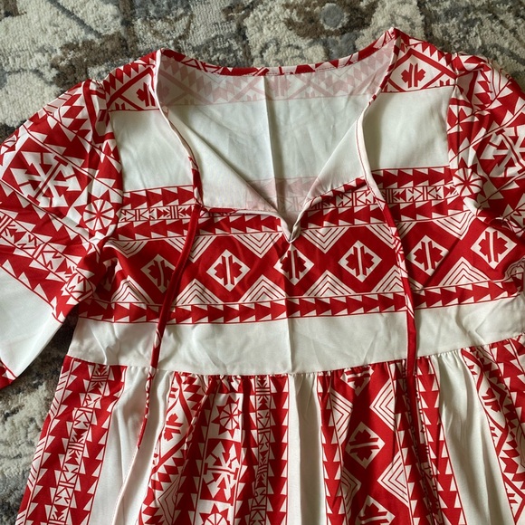 New Boho Ethic Geo Aztec Tribal Pattern Maxi Dress Loose Long Puff Sleeves Vneck - Picture 12 of 16